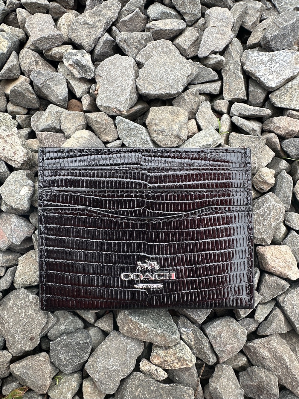 Coach Men’s Brown Croc-Embossed Leather Card Holder with Silver Logo